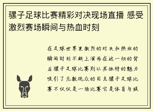 骡子足球比赛精彩对决现场直播 感受激烈赛场瞬间与热血时刻
